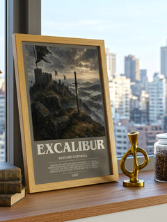 Excalibur Bookish Wall Art by Bernard Cornwell – framed print on a city-view windowsill