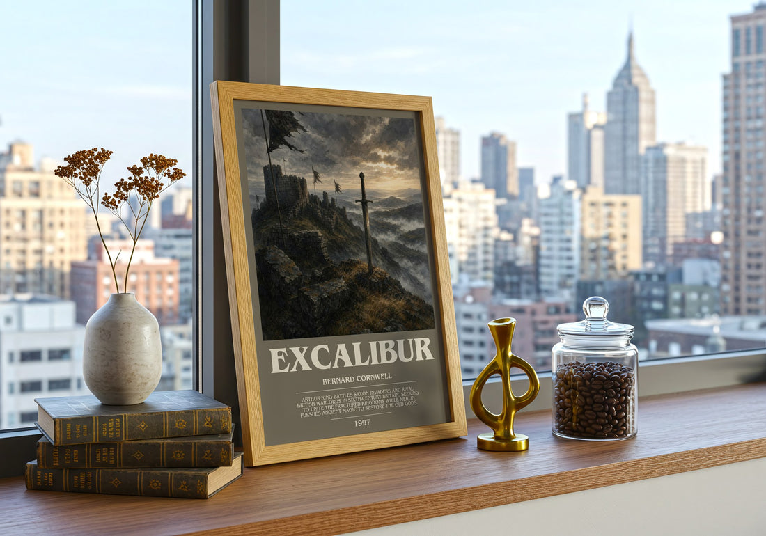 Excalibur Bookish Wall Art by Bernard Cornwell – framed print on a city-view windowsill