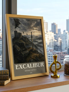 Excalibur Book Cover Poster by Bernard Cornwell – framed print on a city-view windowsill