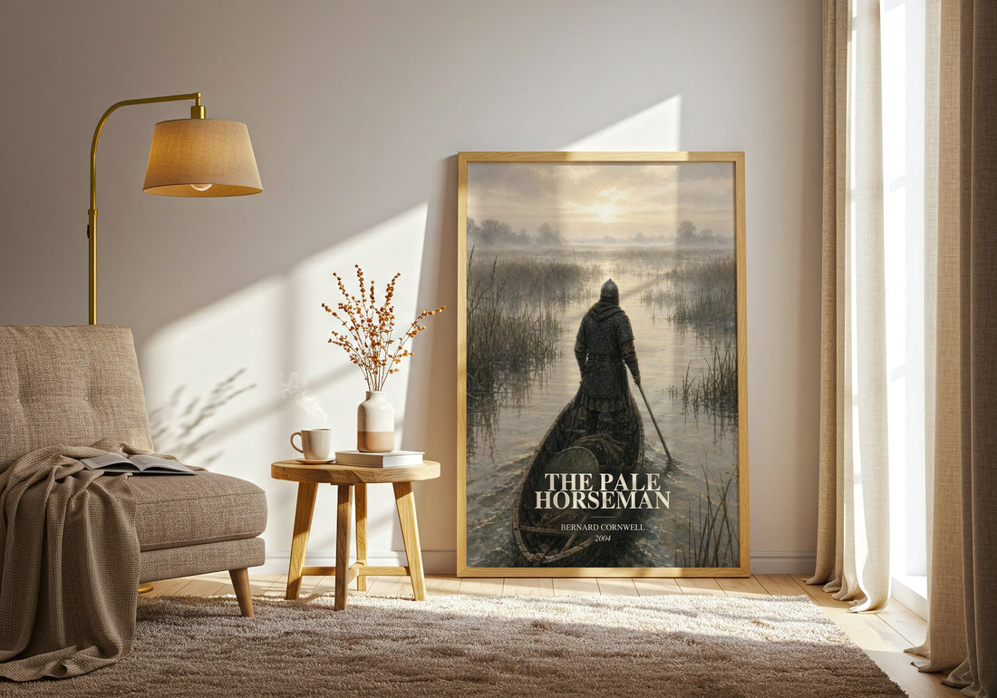 The Pale Horseman watercolour print in frame leaning in hallway – historical fiction wall art (mockup)
