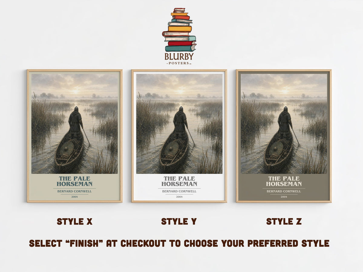 The Pale Horseman book cover print in frame leaning in hallway – historical fiction wall art (mockup)