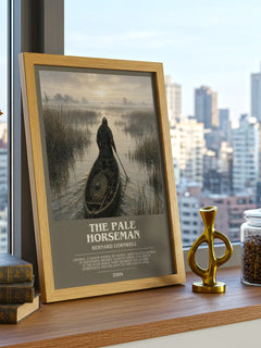 The Pale Horseman Bookish Wall Art by Bernard Cornwell – framed print on a city-view windowsill