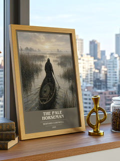 The Pale Horseman Book Cover Poster by Bernard Cornwell – framed print on a city-view windowsill