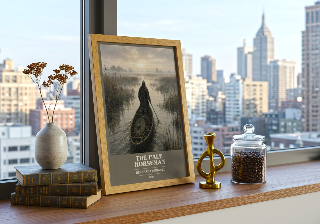 The Pale Horseman Book Cover Poster by Bernard Cornwell – framed print on a city-view windowsill