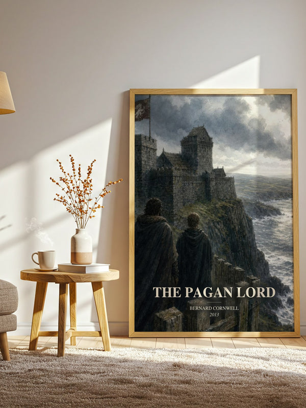 The Pagan Lord watercolour print in frame leaning in hallway – historical fiction wall art