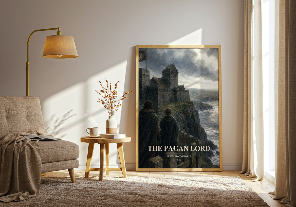 The Pagan Lord watercolour print in frame leaning in hallway – historical fiction wall art (mockup)