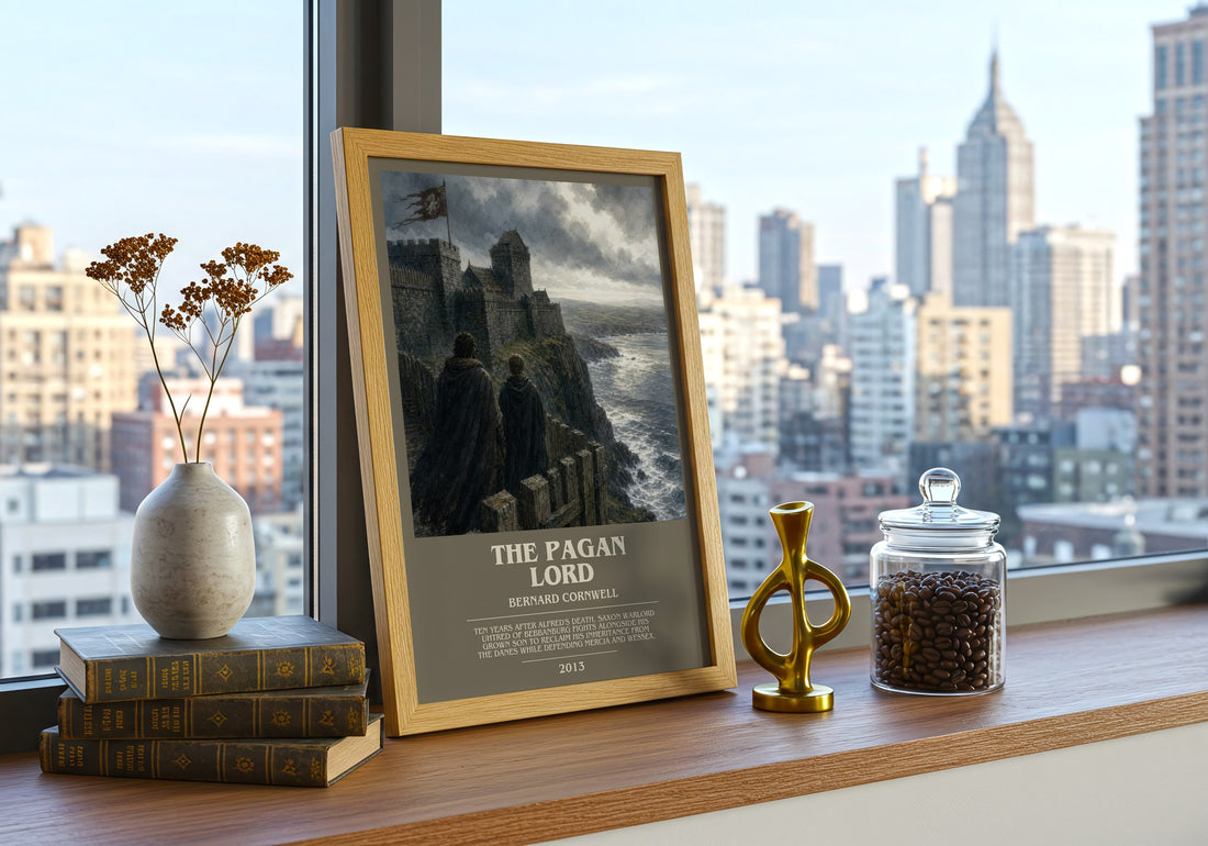 The Pagan Lord Bookish Wall Art by Bernard Cornwell – framed print on a city-view windowsill