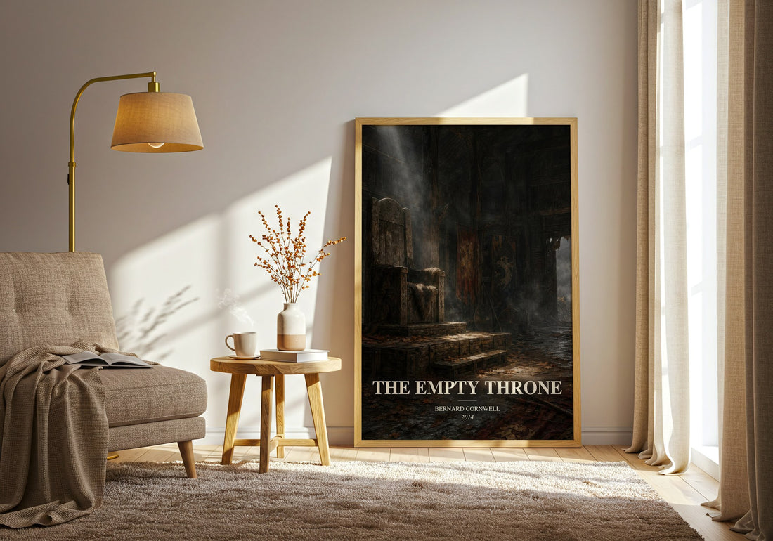 The Empty Throne watercolour print in frame leaning in hallway – historical fiction wall art (mockup)