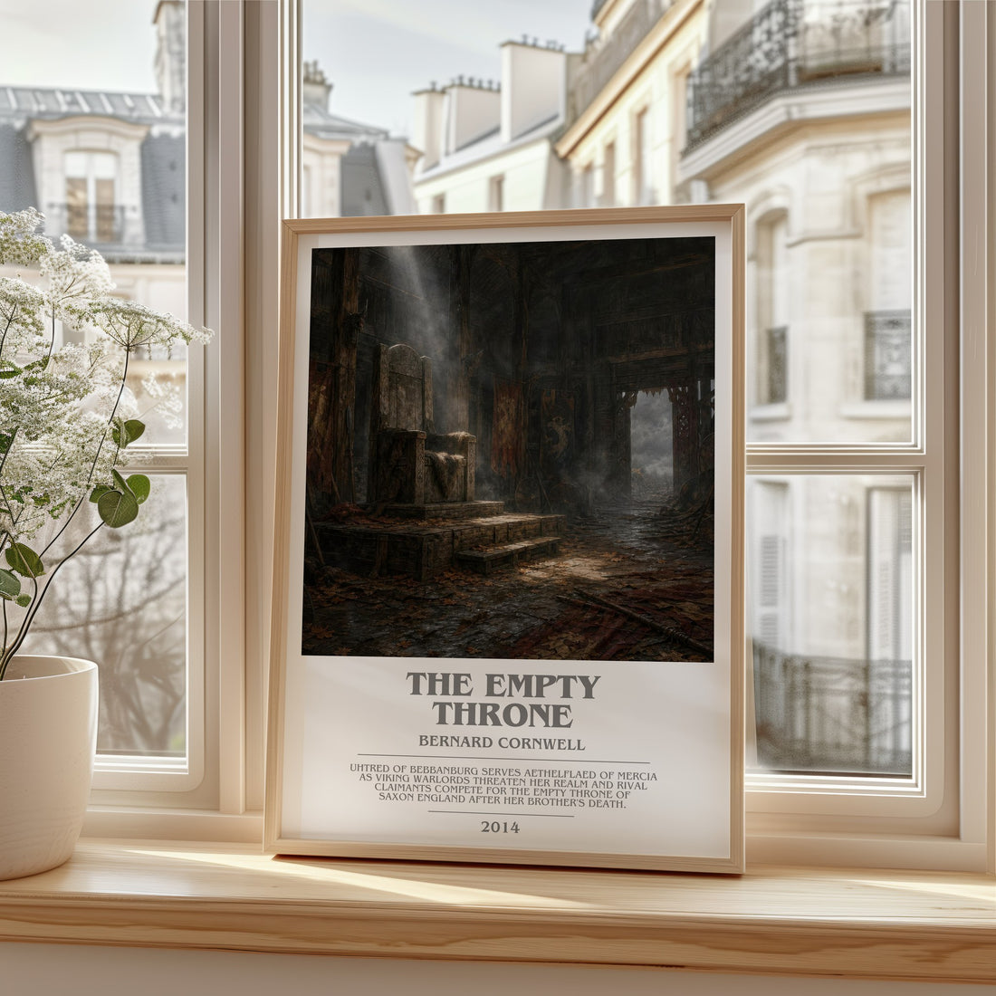The Empty Throne Bookish Wall Art by Bernard Cornwell – framed print by a bright window