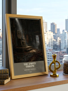 The Empty Throne Book Cover Poster by Bernard Cornwell – framed print on a city-view windowsill