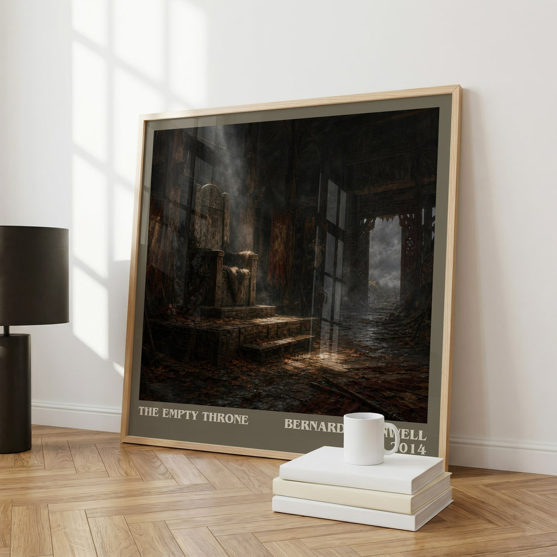 The Empty Throne Literary Art Print by Bernard Cornwell – large square framed print leaning against a wall
