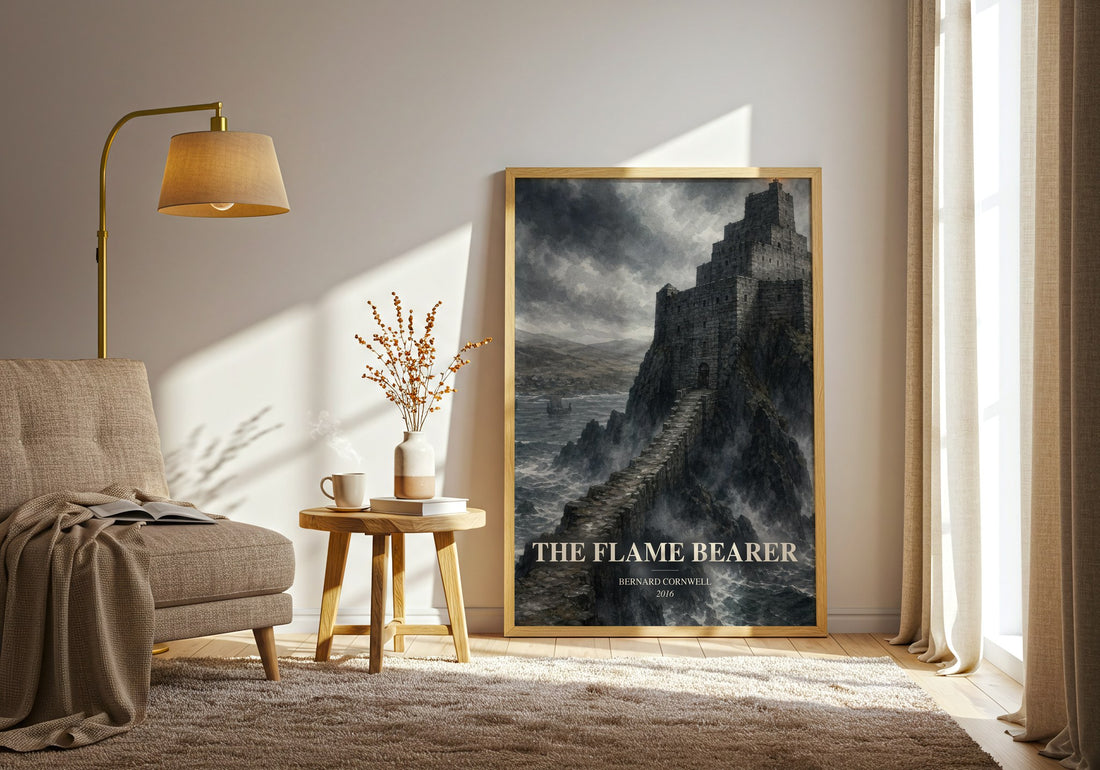 The Flame Bearer watercolour print in frame leaning in hallway – historical fiction wall art (mockup)