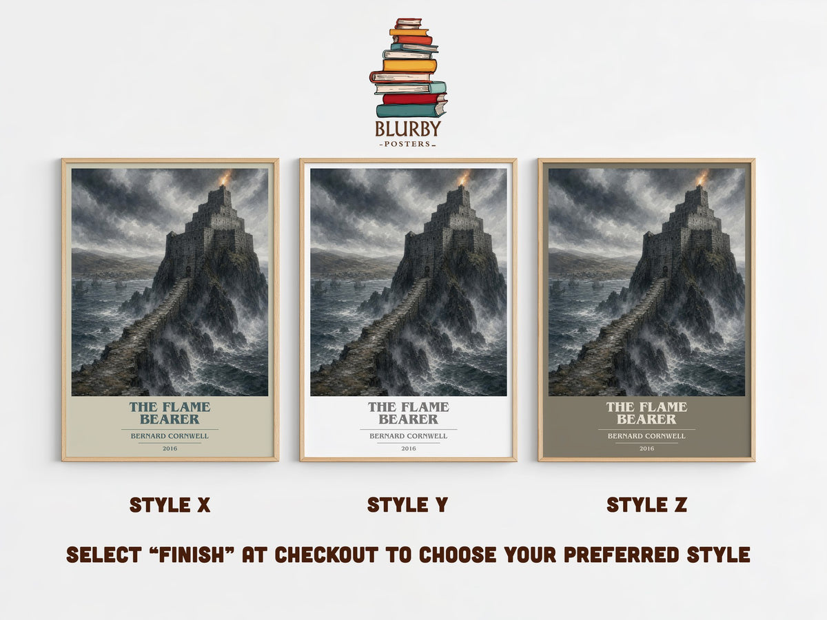 The Flame Bearer book cover print in frame leaning in hallway – historical fiction wall art (mockup)