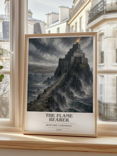 The Flame Bearer Book Cover Poster by Bernard Cornwell – framed print by a bright window