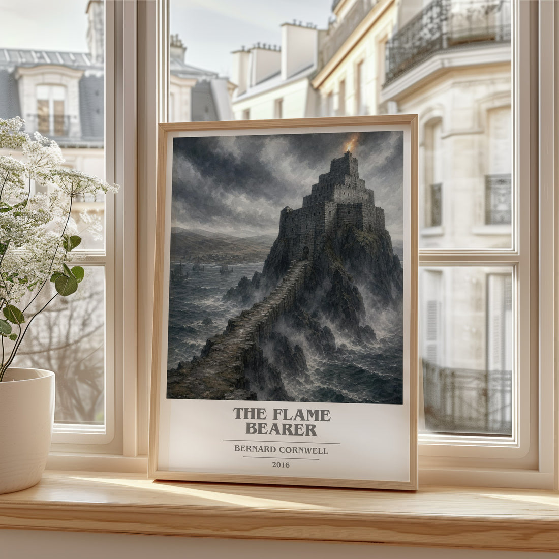 The Flame Bearer Book Cover Poster by Bernard Cornwell – framed print by a bright window