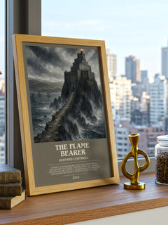 The Flame Bearer Bookish Wall Art by Bernard Cornwell – framed print on a city-view windowsill