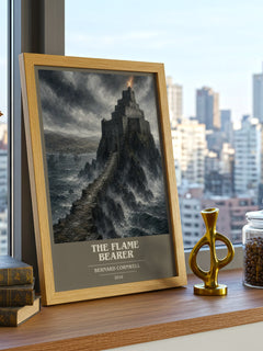 The Flame Bearer Book Cover Poster by Bernard Cornwell – framed print on a city-view windowsill