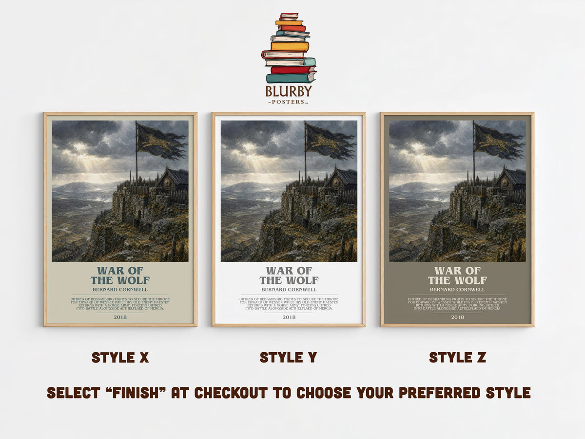 War of the Wolf bookish print in frame leaning in hallway – historical fiction wall art (mockup)