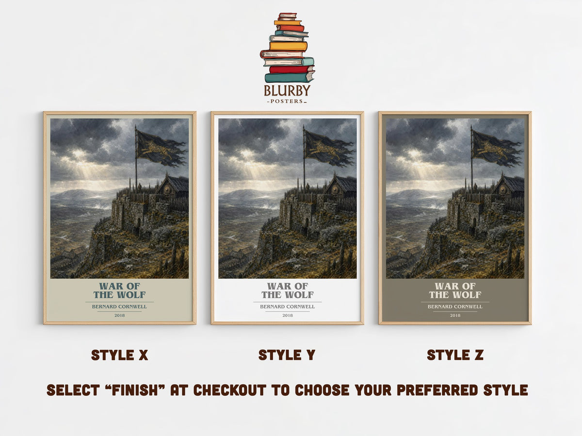 War of the Wolf book cover print in frame leaning in hallway – historical fiction wall art (mockup)