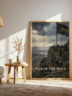 War of the Wolf watercolour print in frame leaning in hallway – historical fiction wall art