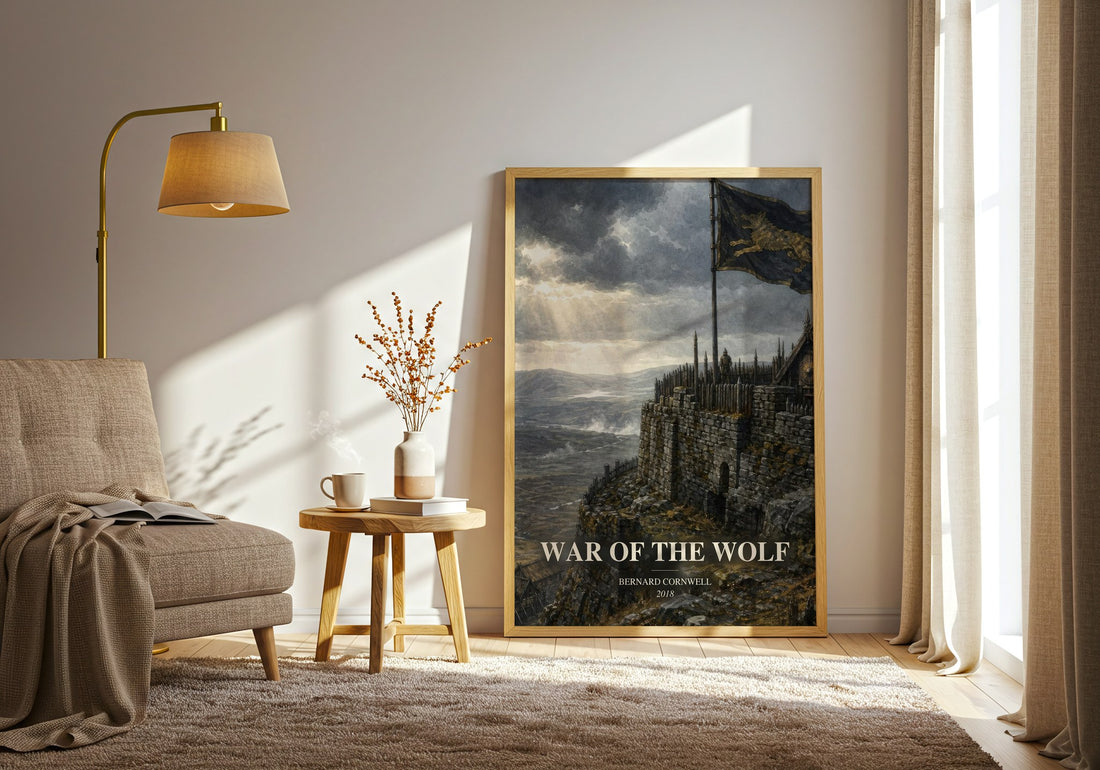 War of the Wolf watercolour print in frame leaning in hallway – historical fiction wall art (mockup)