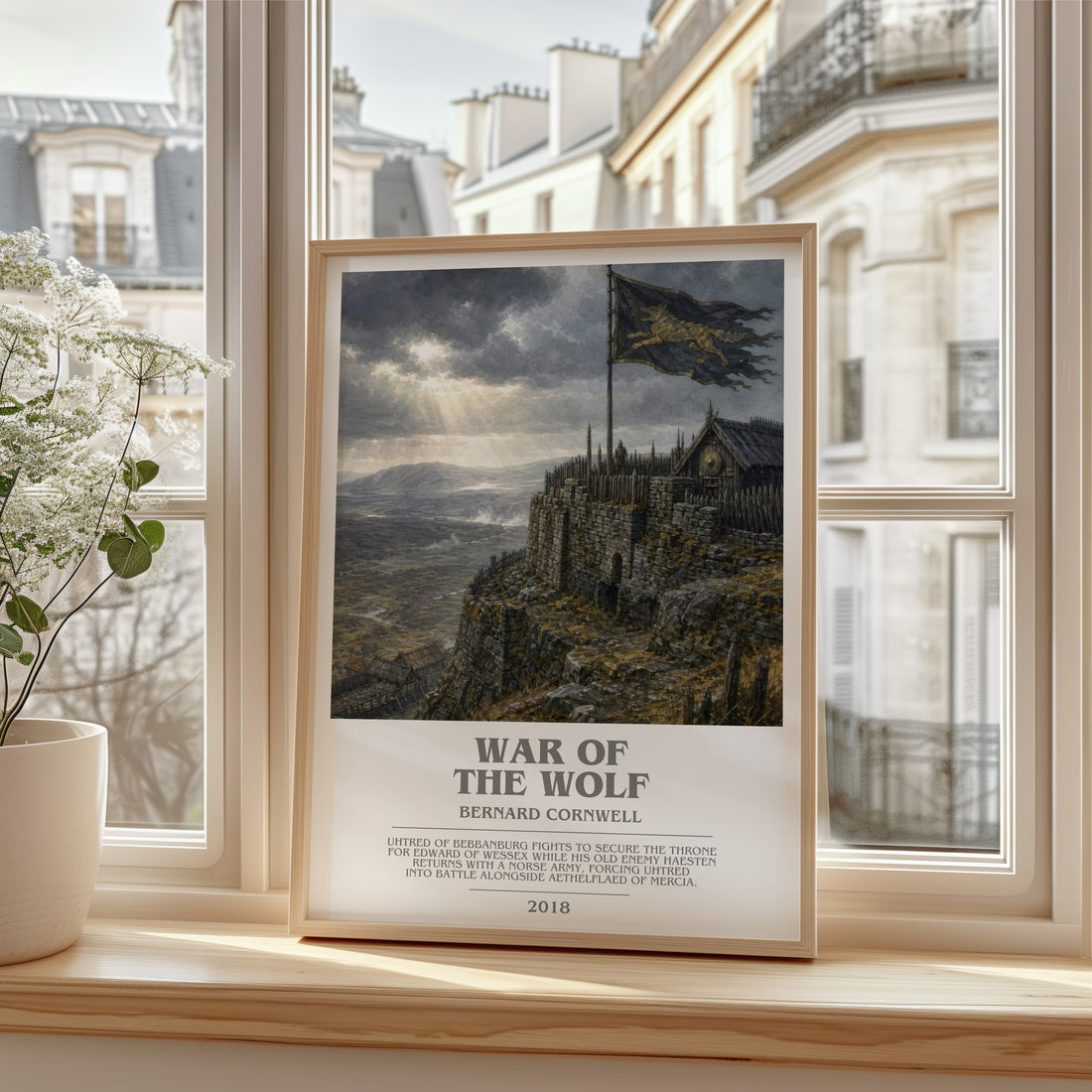 War of the Wolf Bookish Wall Art by Bernard Cornwell – framed print by a bright window