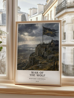 War of the Wolf Book Cover Poster by Bernard Cornwell – framed print by a bright window