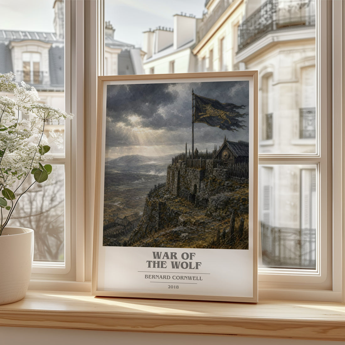 War of the Wolf Book Cover Poster by Bernard Cornwell – framed print by a bright window