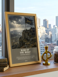 War of the Wolf Bookish Wall Art by Bernard Cornwell – framed print on a city-view windowsill