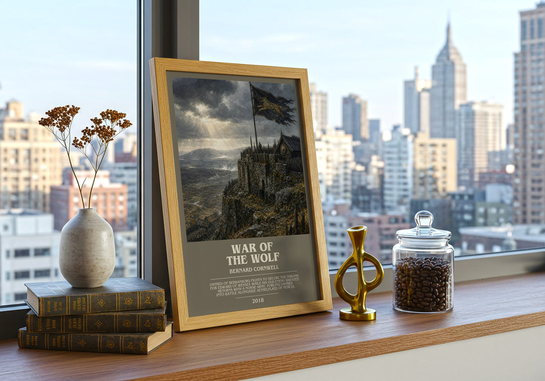 War of the Wolf Bookish Wall Art by Bernard Cornwell – framed print on a city-view windowsill