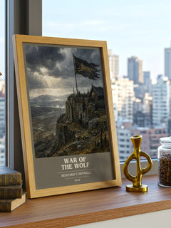 War of the Wolf Book Cover Poster by Bernard Cornwell – framed print on a city-view windowsill