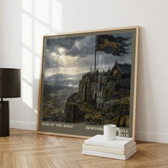 War of the Wolf Literary Art Print by Bernard Cornwell – large square framed print leaning against a wall