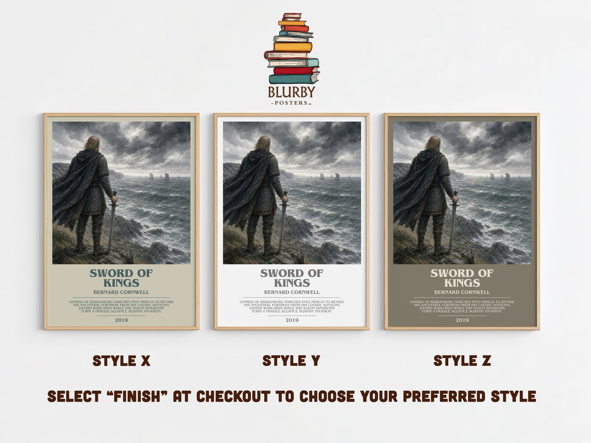 Sword of Kings bookish print in frame leaning in hallway – historical fiction wall art (mockup)