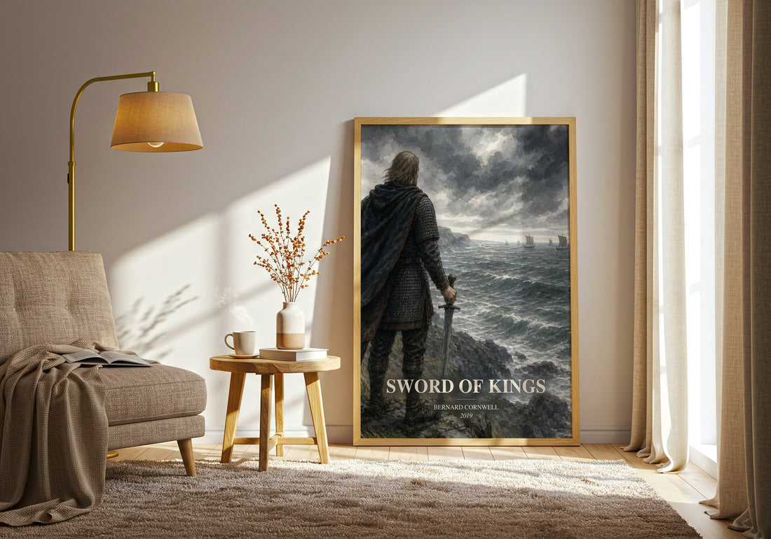 Sword of Kings watercolour print in frame leaning in hallway – historical fiction wall art (mockup)