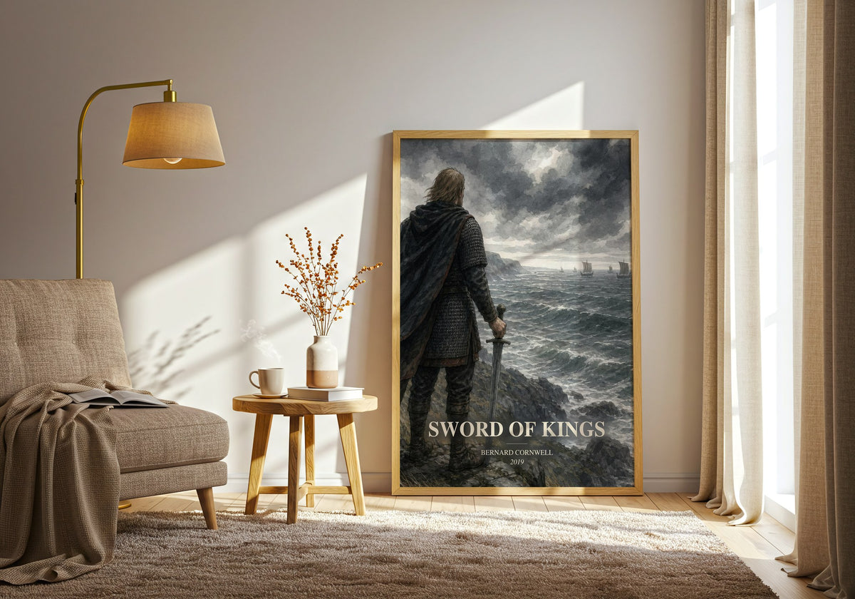 Sword of Kings watercolour print in frame leaning in hallway – historical fiction wall art (mockup)