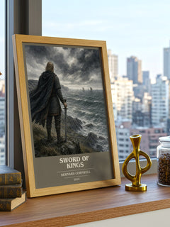 Sword of Kings Book Cover Poster by Bernard Cornwell – framed print on a city-view windowsill