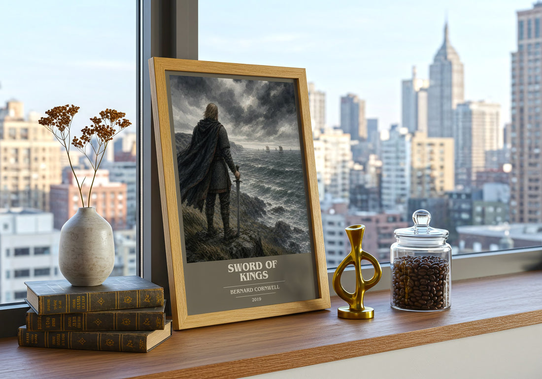 Sword of Kings Book Cover Poster by Bernard Cornwell – framed print on a city-view windowsill