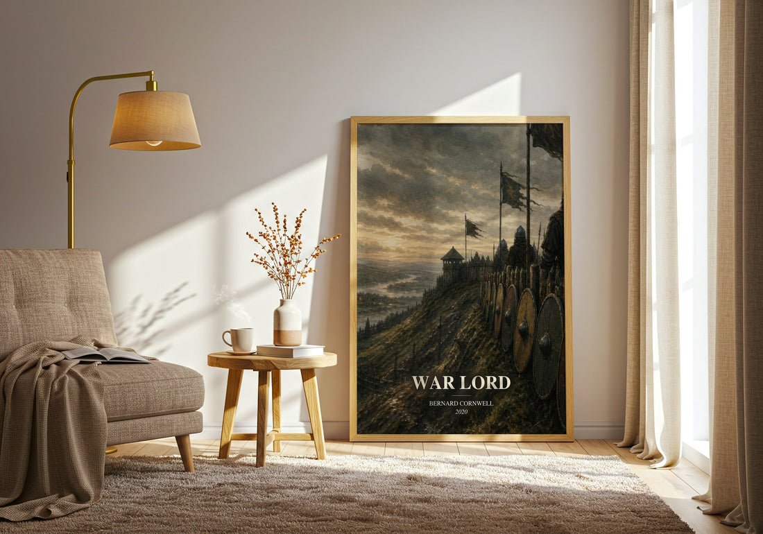 War Lord watercolour print in frame leaning in hallway – historical fiction wall art (mockup)