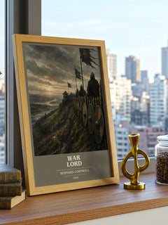 War Lord Book Cover Poster by Bernard Cornwell – framed print on a city-view windowsill