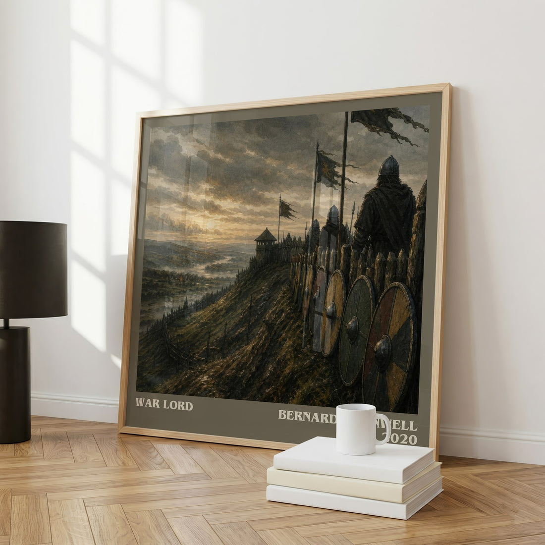 War Lord Literary Art Print by Bernard Cornwell – large square framed print leaning against a wall