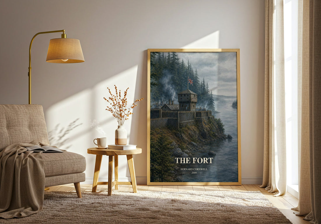 The Fort watercolour print in frame leaning in hallway – historical fiction wall art (mockup)
