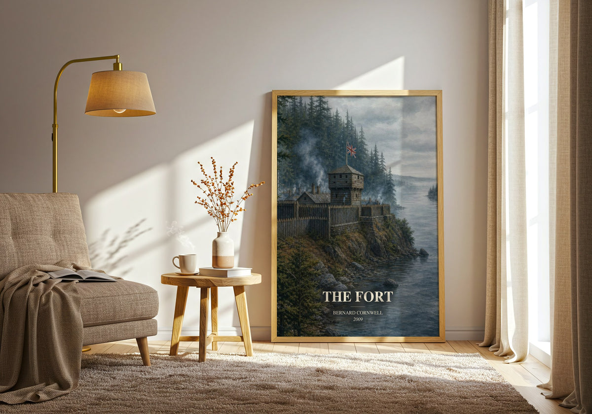 The Fort watercolour print in frame leaning in hallway – historical fiction wall art (mockup)