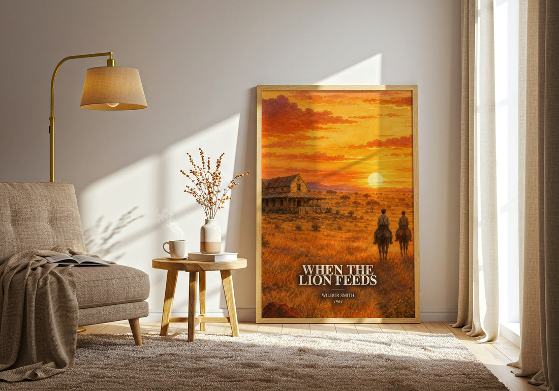 When the Lion Feeds watercolour print in frame leaning in hallway – adventure wall art (mockup)