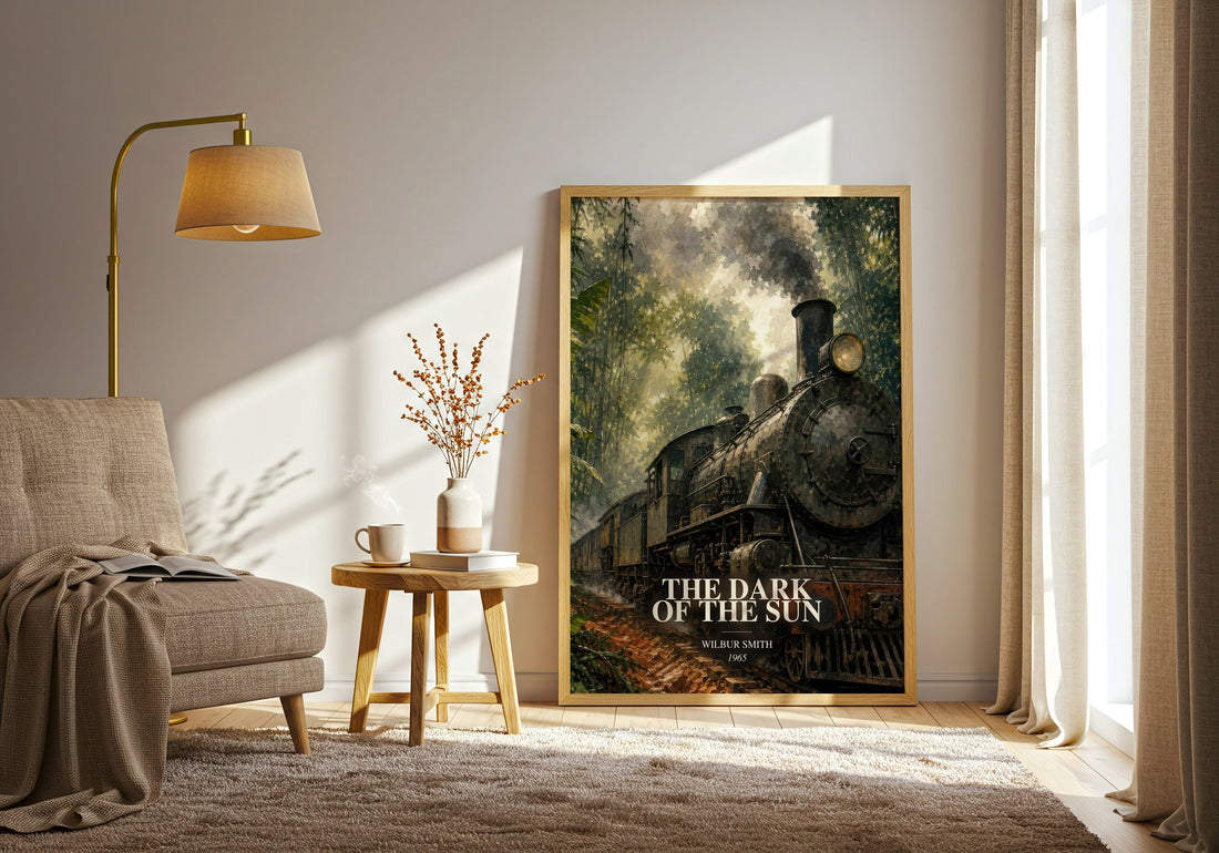 The Dark of the Sun watercolour print in frame leaning in hallway – adventure wall art (mockup)