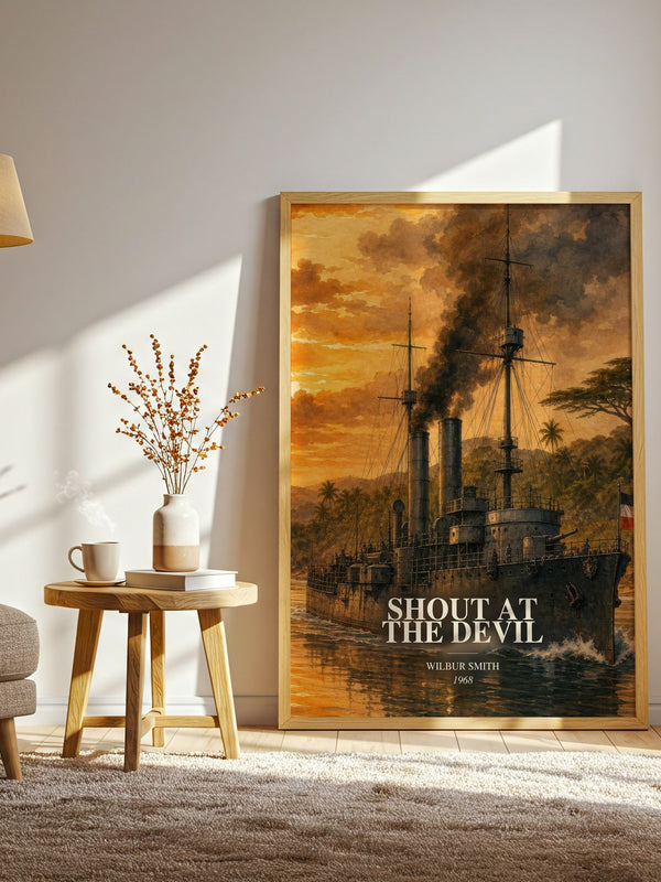 Shout at the Devil watercolour print in frame leaning in hallway – adventure wall art
