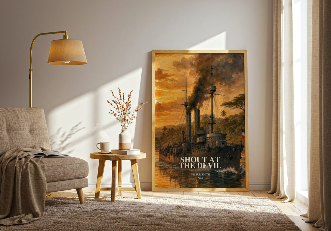 Shout at the Devil watercolour print in frame leaning in hallway – adventure wall art (mockup)