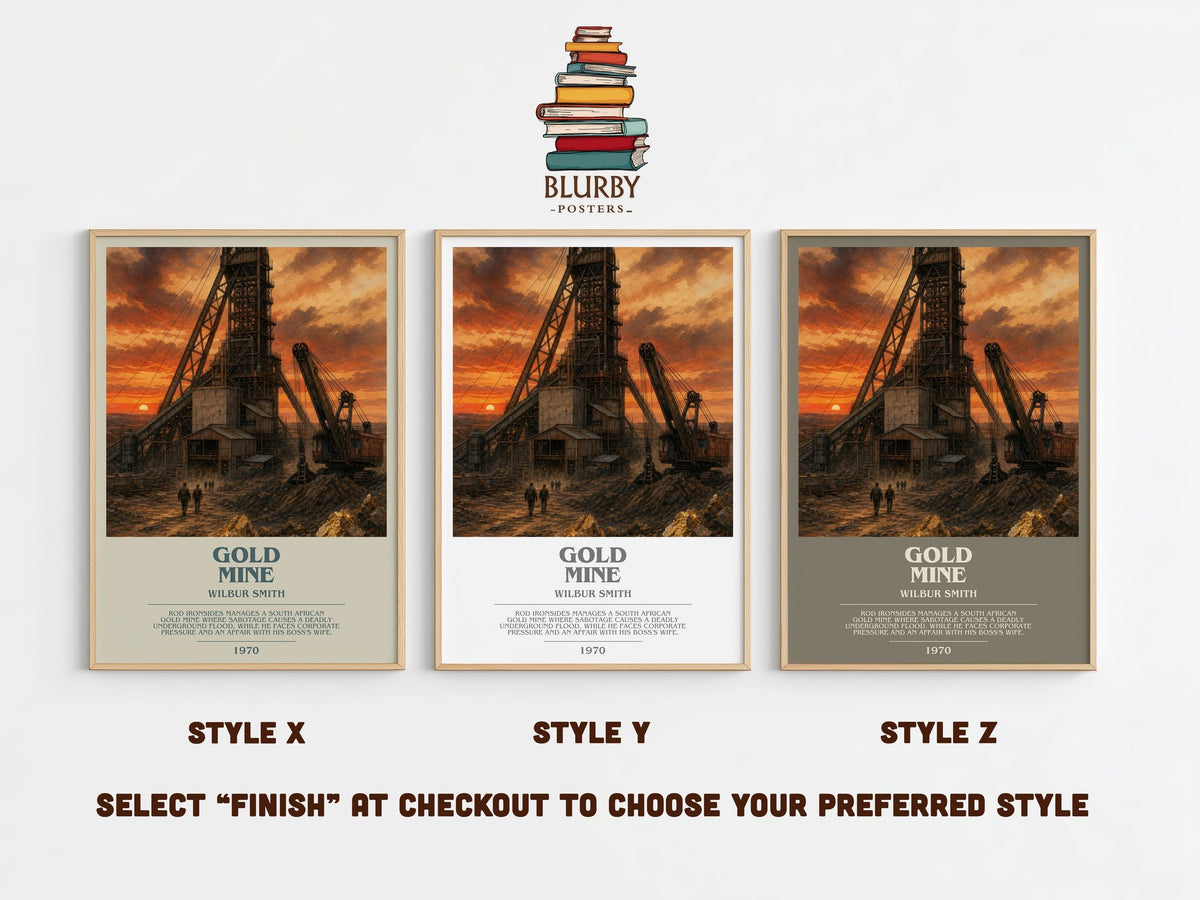 Gold Mine bookish print in frame leaning in hallway – adventure wall art (mockup)