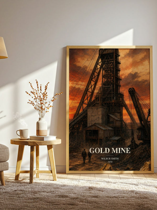 Gold Mine watercolour print in frame leaning in hallway – adventure wall art