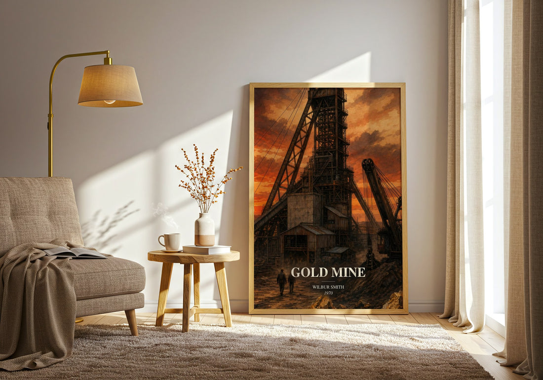 Gold Mine watercolour print in frame leaning in hallway – adventure wall art (mockup)