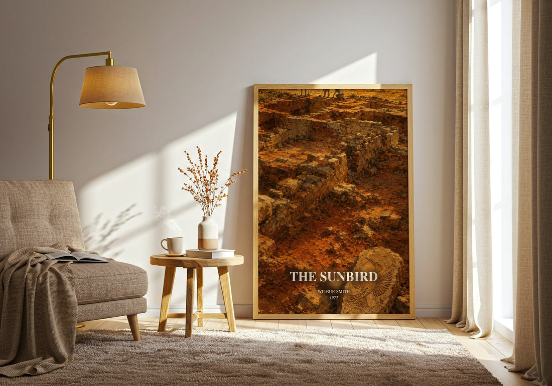 The Sunbird watercolour print in frame leaning in hallway – adventure wall art (mockup)